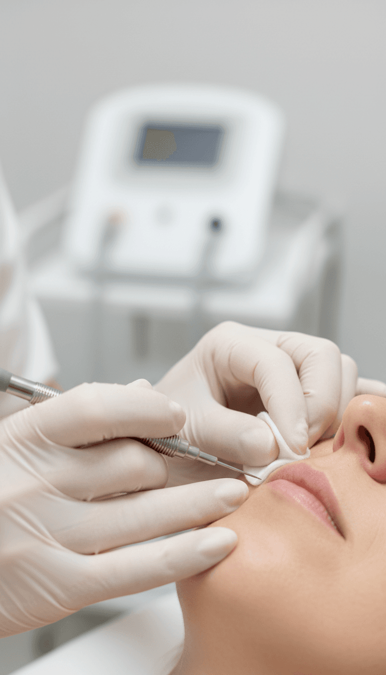 Electrolysis needle applied to skin with precision in a clinical setting