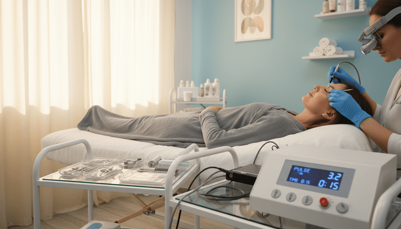 Electrolysis treatment session on a client's face in a modern, comfortable setting