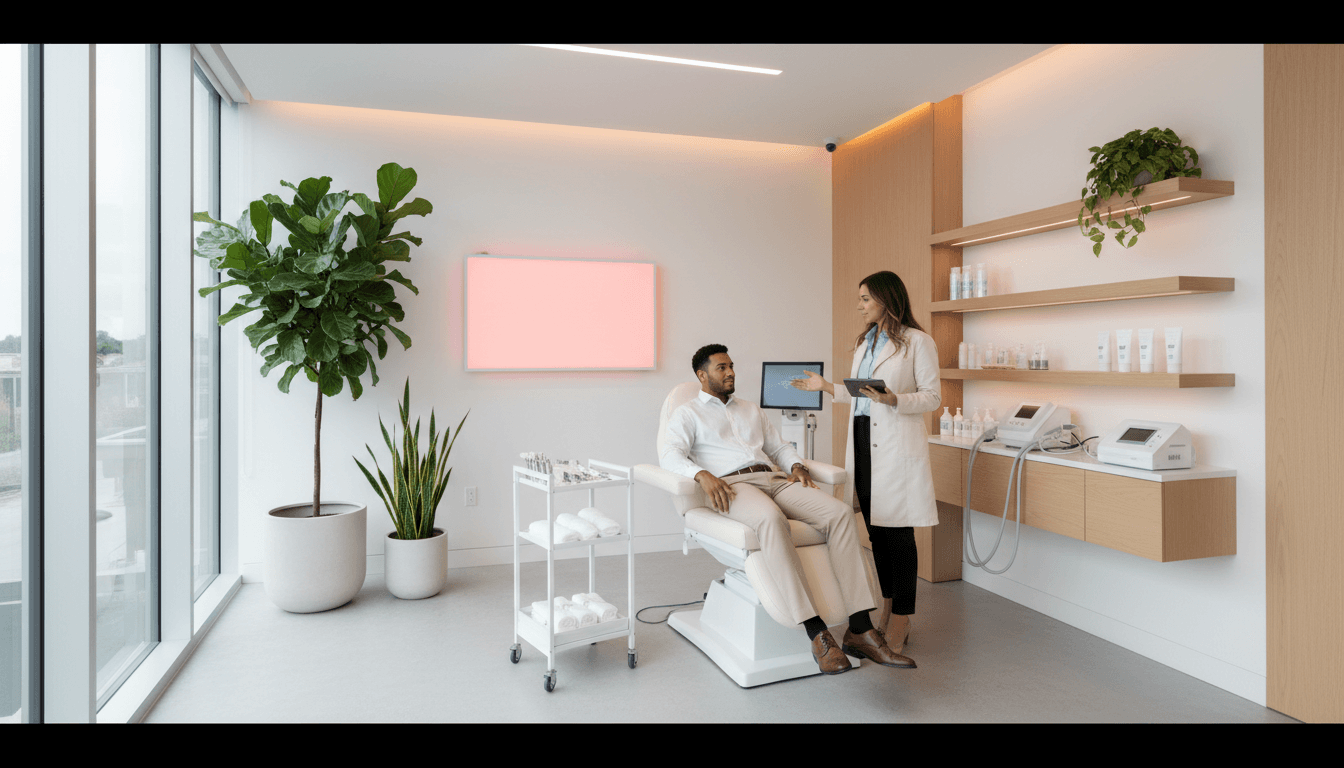 Modern treatment room with male client during consultation with female practitioner, professional equipment and natural lighting visible