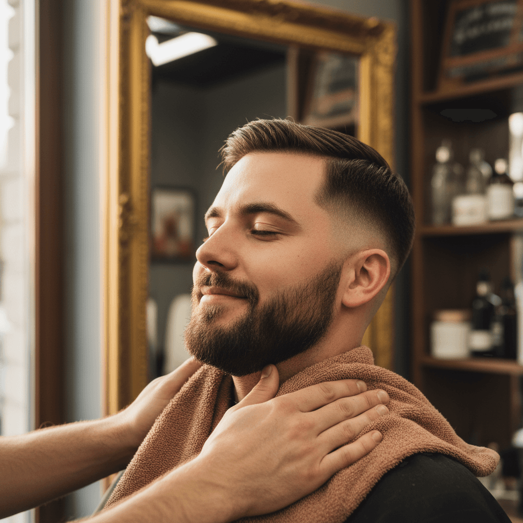 Client's face showing freshly groomed haircut and shaped beard with barber applying warm finishing towel