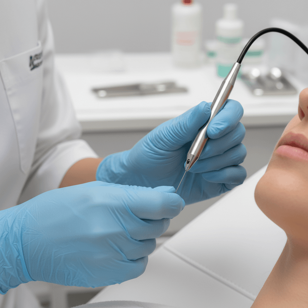 Electrolysis practitioner's hands demonstrating precise equipment technique during facial treatment session in clinical setting